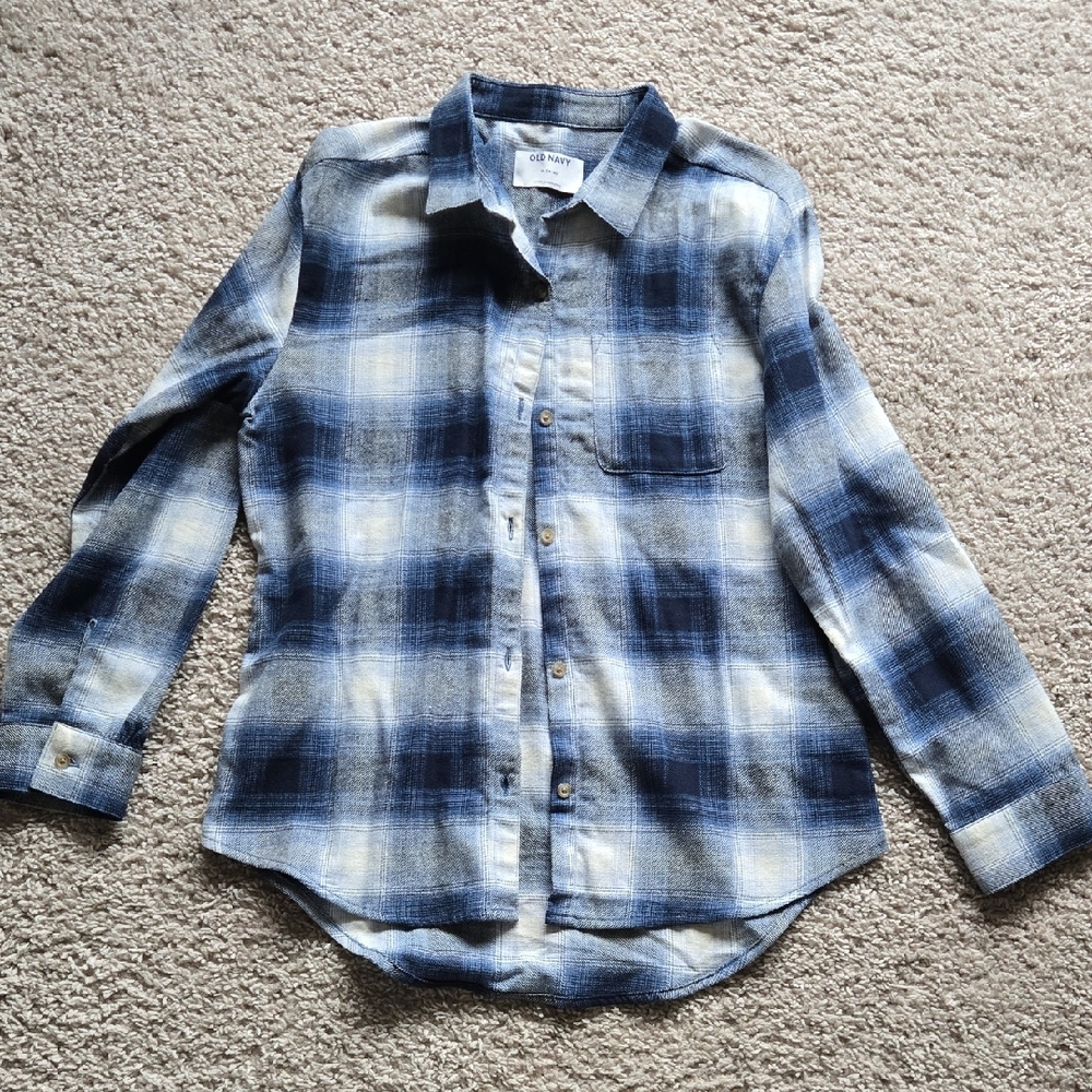 Old Navy Blue and White Plaid Button-Down Shirt Flannel Girls 14